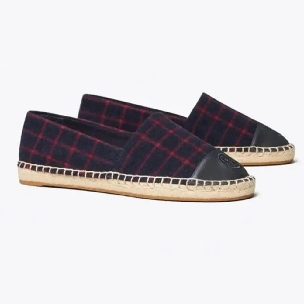 Tory Burch Color Block Espadrille - Flats - Plaid - Wool - Navy Red - Size 9